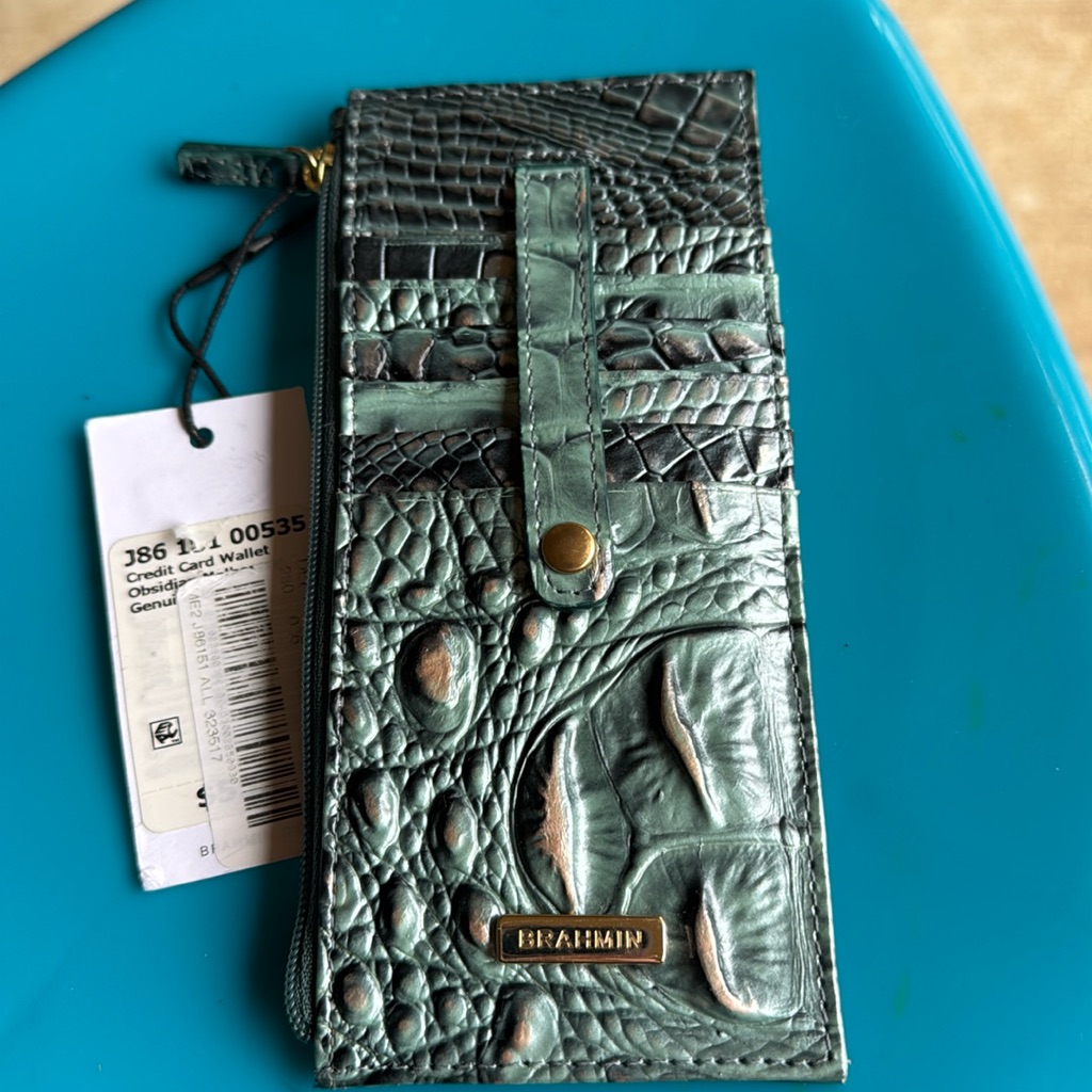 New Brahmin Obsidian Evergreen & Silver Melbourne Leather Card Wallet Ex